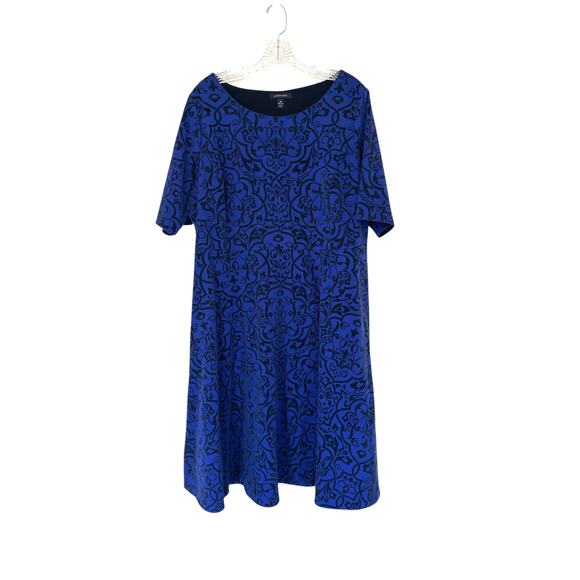 Land's End Plus Blue Black Work Velvet Brocade Ornate Short Sleeve Dress Size 1X - Picture 1 of 12
